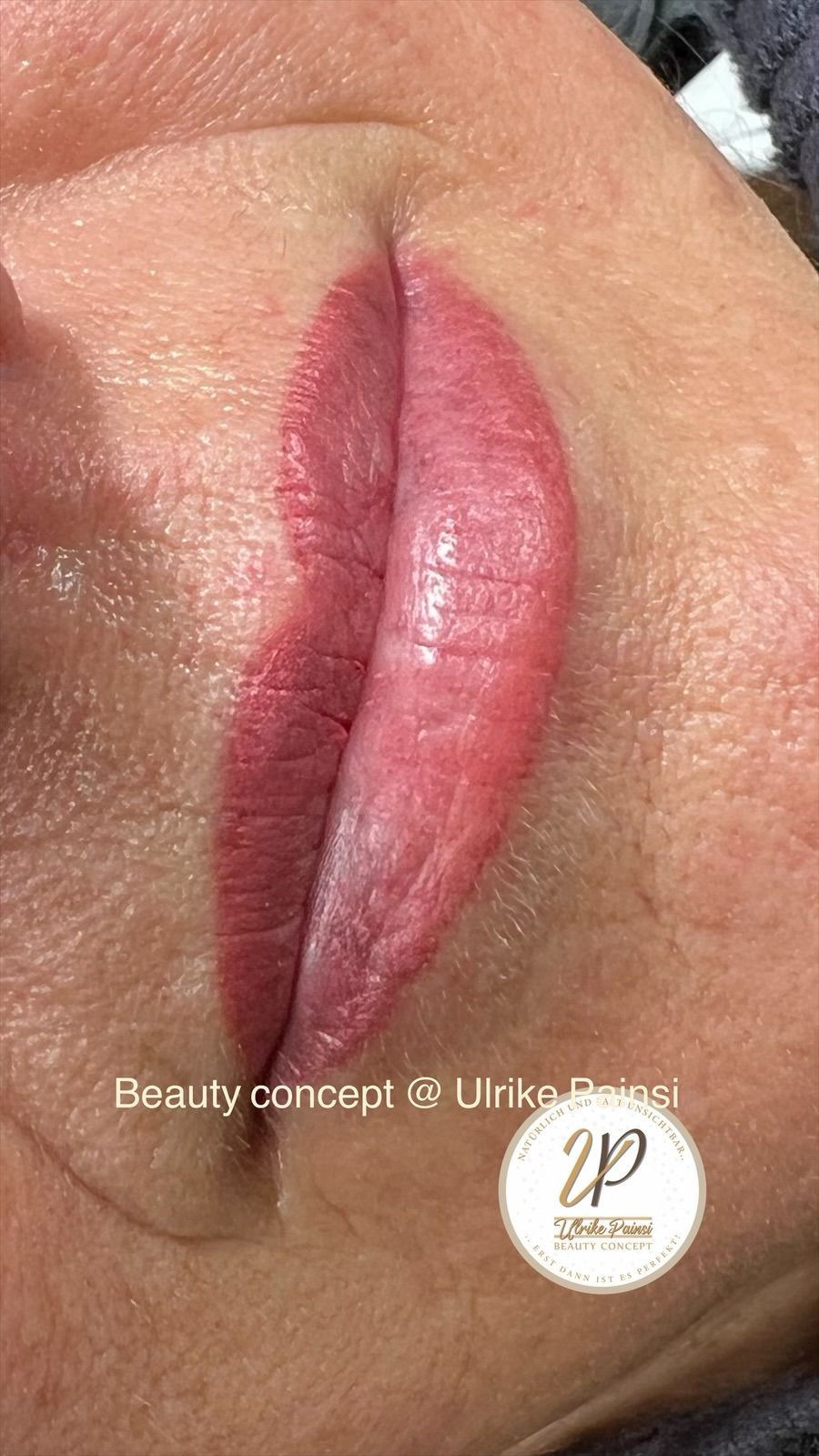 Nahaufnahme von glänzenden, rosafarbenen Lippen mit zentriertem, dunkelrotem Lipliner und Schimmer.