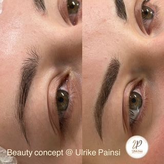 Nahaufnahme von geschwungenen Augenbrauen und Augen-Make-up im Vergleich vor und nach dem Schminken im Gesicht