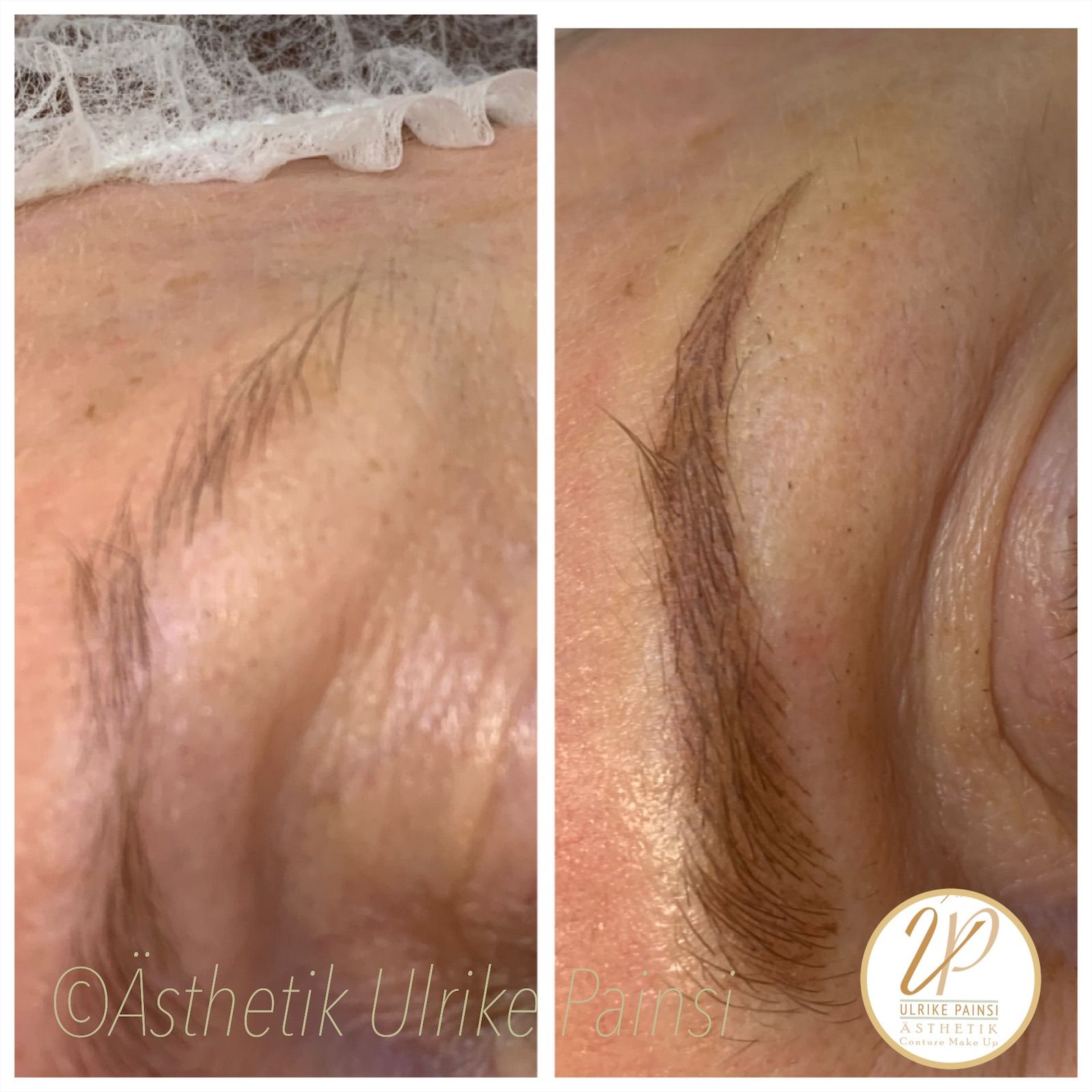 Nahaufnahme vor und nach der Behandlung mit Microblading der Augenbrauen