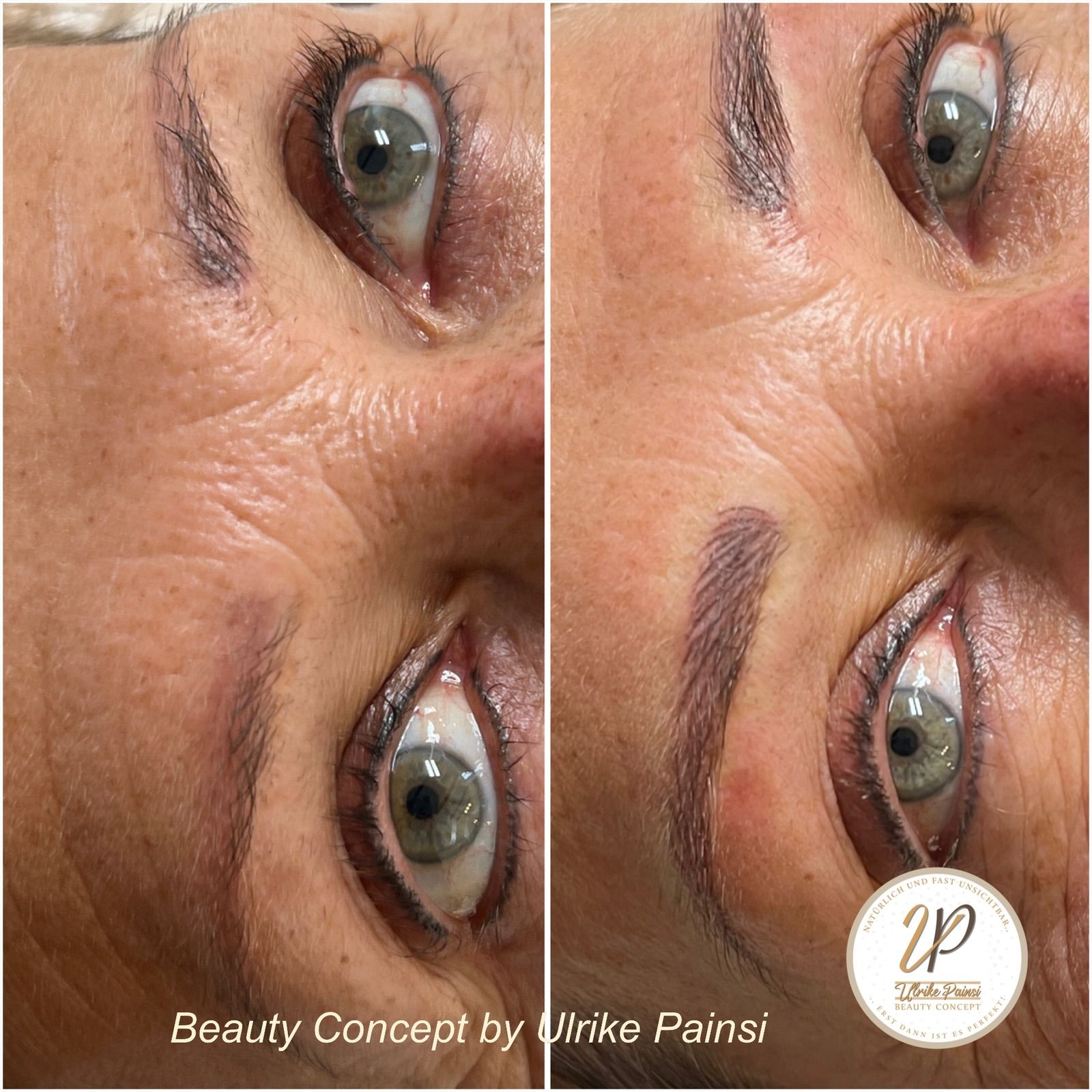 Nahaufnahme eines Gesichts, die das Microblading der Augenbrauen vor und nach der Behandlung zeigt