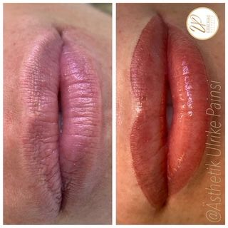 Vorher-Nachher-Nahaufnahme der Lippen, links mit glänzendem Rosaton und rechts mit warmem Braunrot.