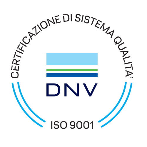 Marchio di certificazione del sistema di qualità DNV ISO 9001. Linee blu e verdi, testo 