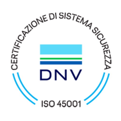 DNV ISO 45001 certification badge in blue and white. Text reads 