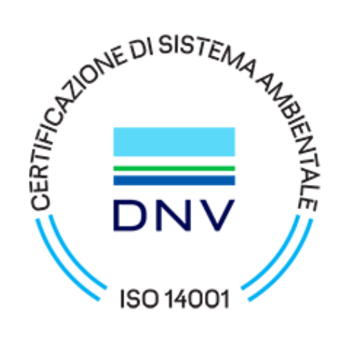 DNV ISO 14001 environmental system certification logo in blue. Text includes 