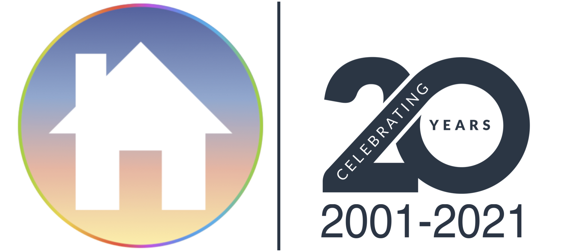 Logo con una casa all'interno di un cerchio colorato accanto a un disegno celebrativo per i 20 anni.