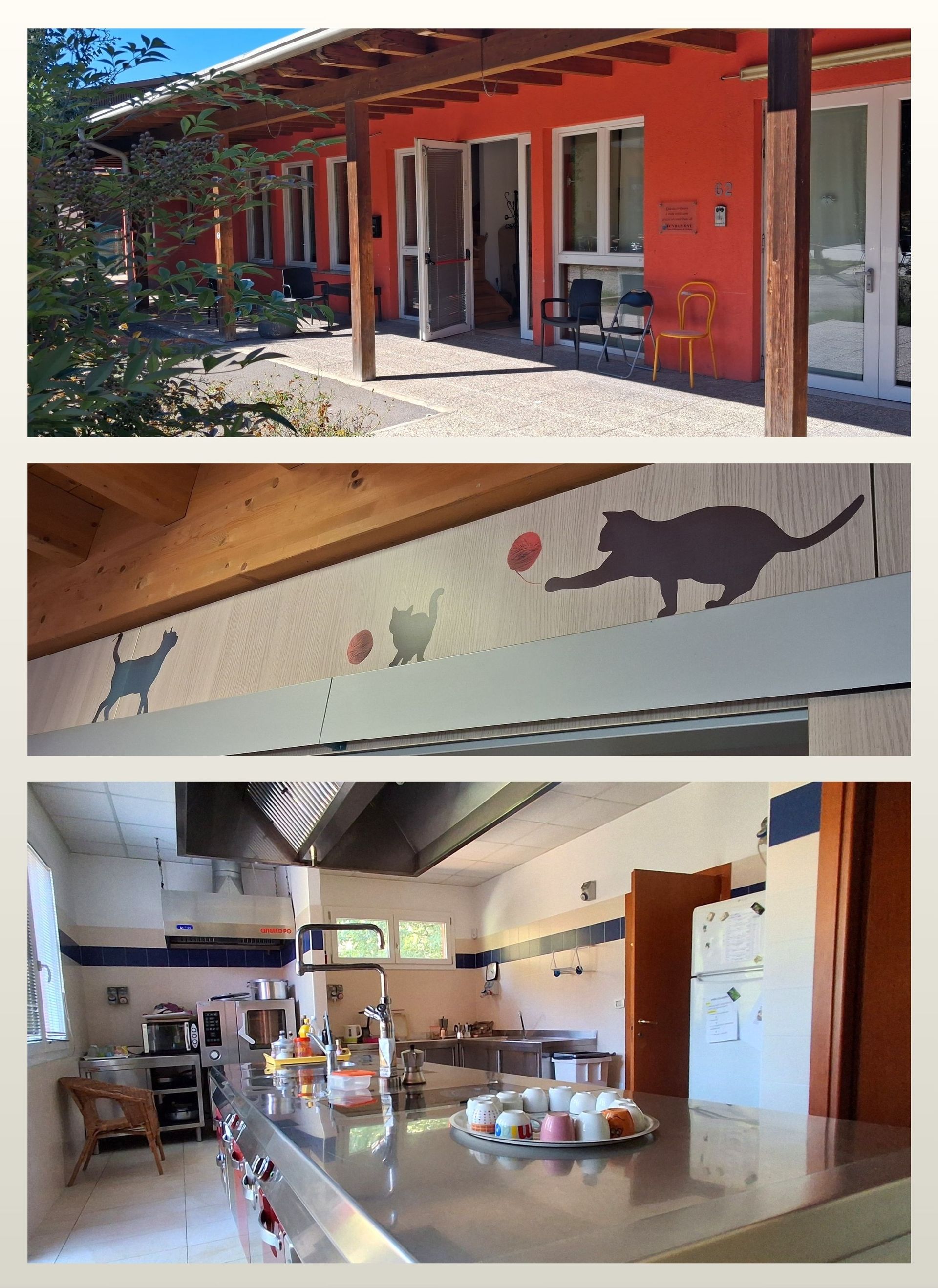 Tre viste: edificio rosso con porte aperte, silhouette di gatti su legno e cucina con ripiani in acciaio.