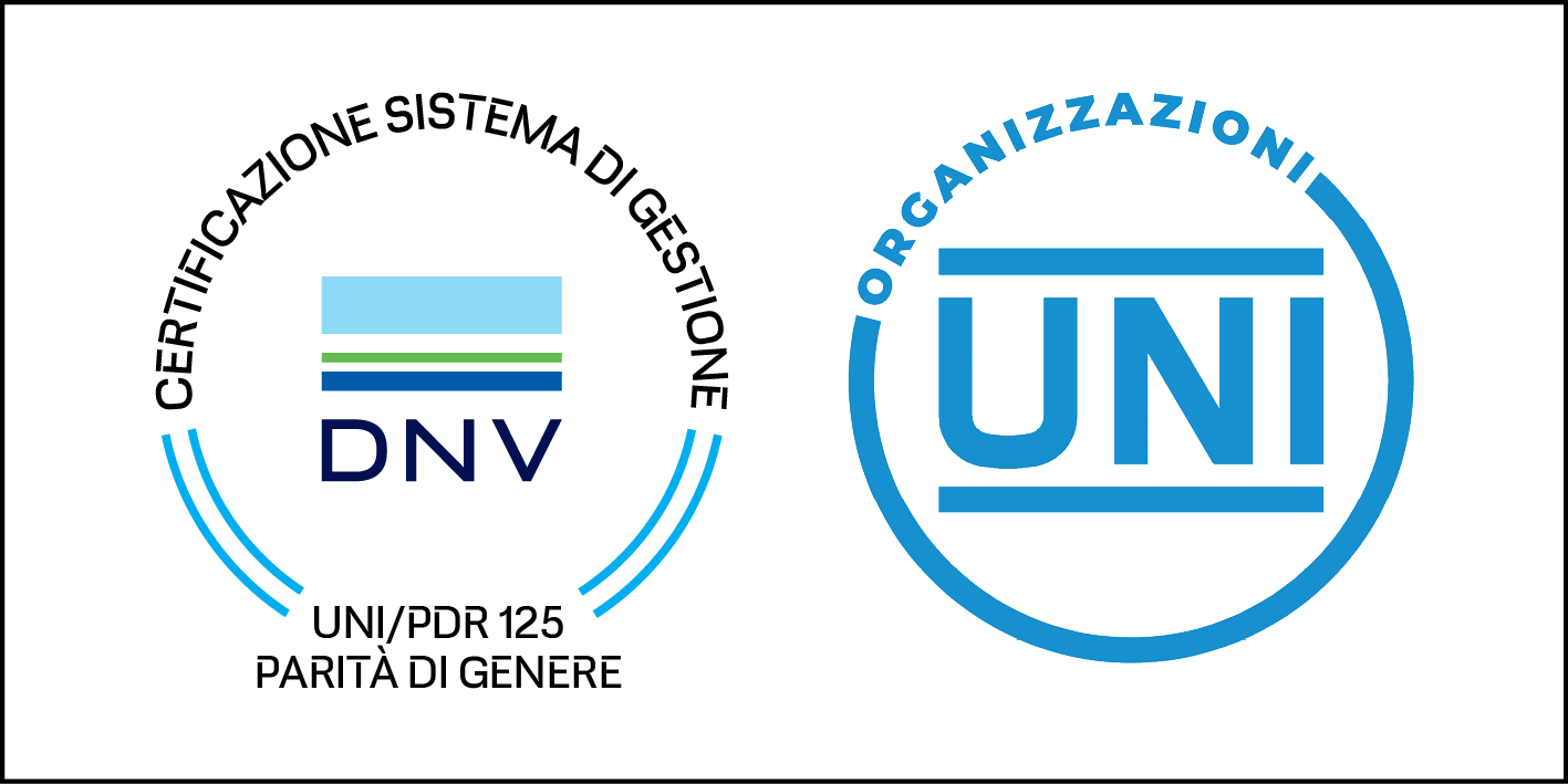 Due loghi: marchio di certificazione DNV e marchio UNI per le organizzazioni, entrambi in blu.