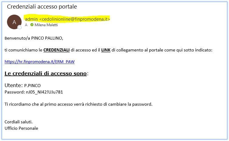 E-mail con le credenziali di accesso a un portale, tra cui nome utente, password e un collegamento.