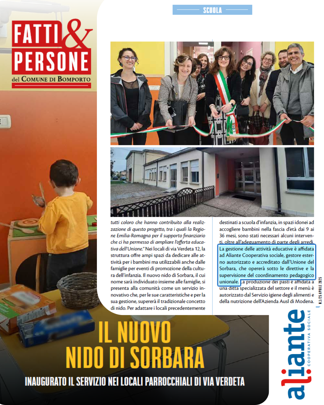 Articolo sul nuovo asilo nido di Sorbara, in Italia. Bambini e adulti partecipano all'inaugurazione.