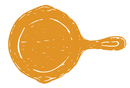 Yellow hand-drawn illustration of a frying pan.