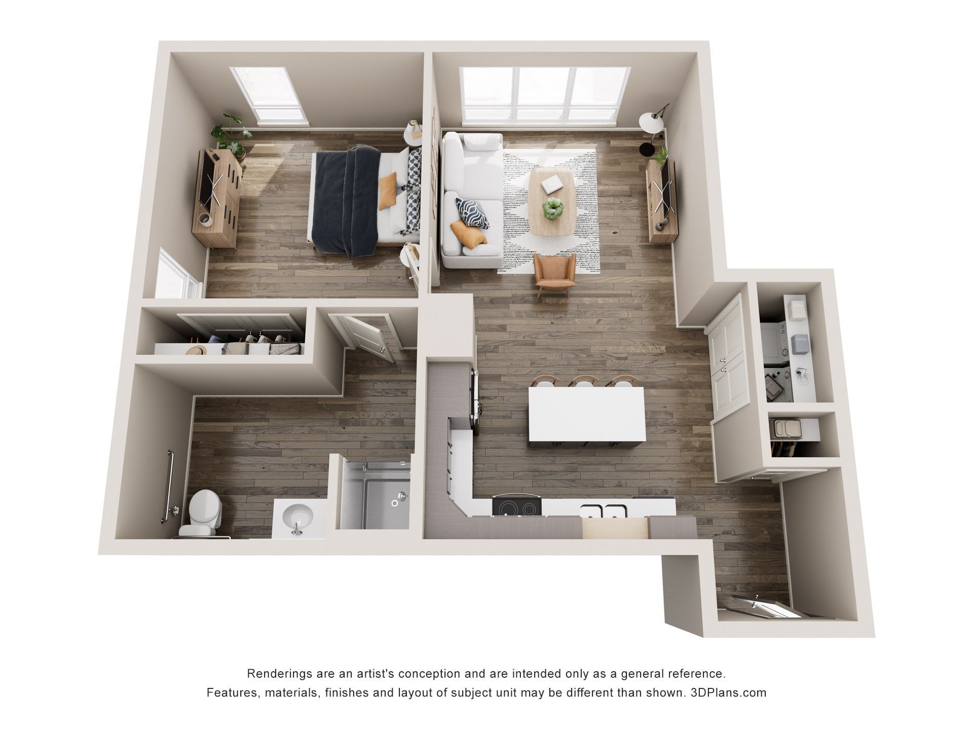 Floor plan of a one-bedroom apartment. Features a bedroom, bathroom, kitchen, living area, and laundry space.