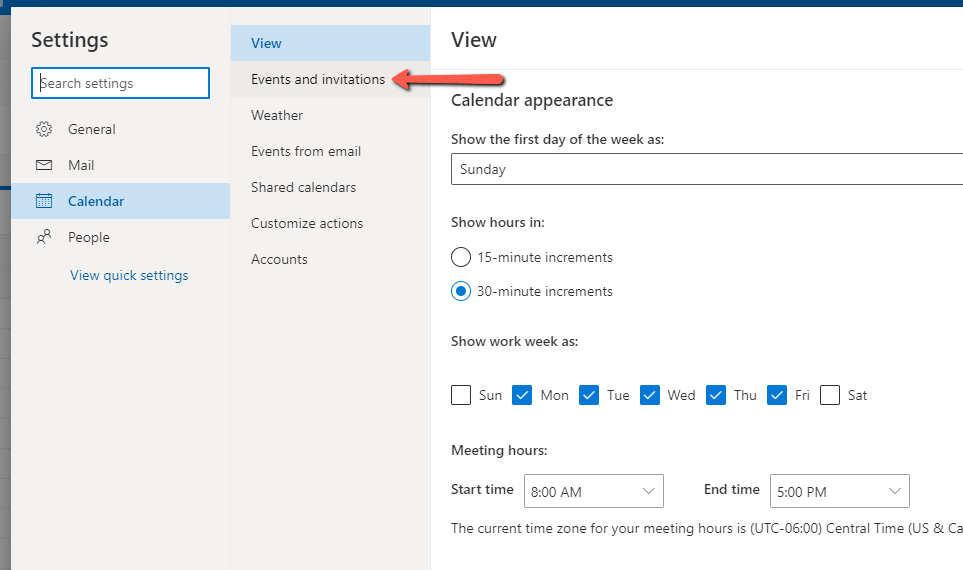 microsoft calendar settings