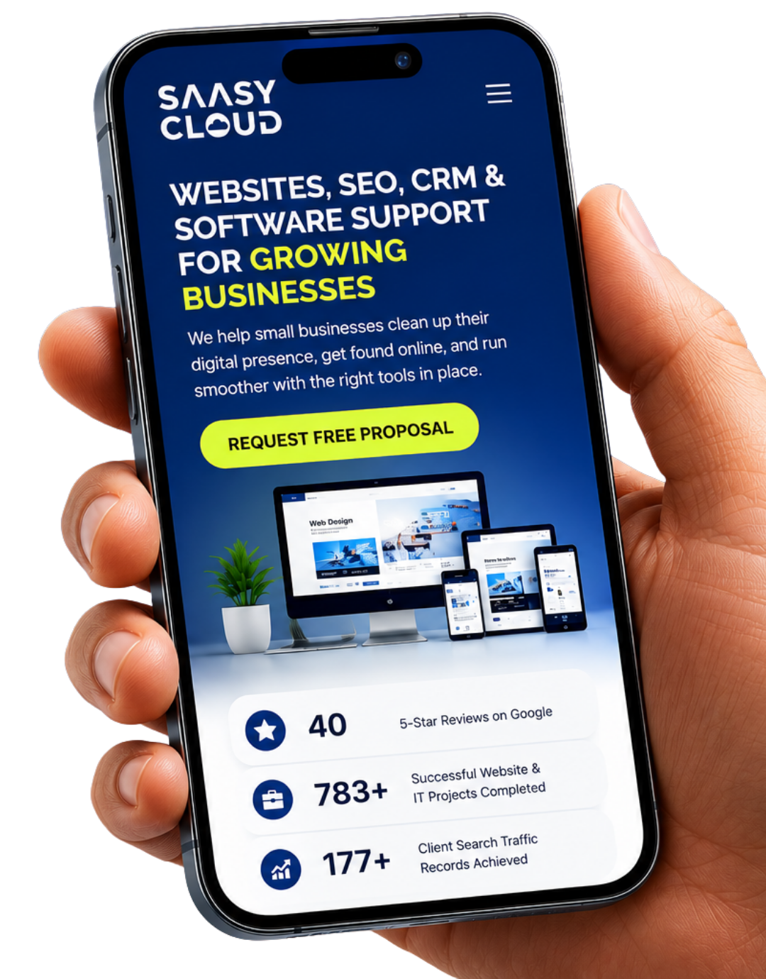 Hand holding a smartphone showing a blue SaaS website for business support with a yellow call-to-action button.