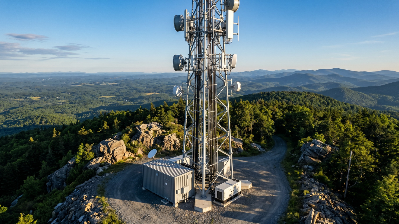 Red and white communications tower against a clear blue sky