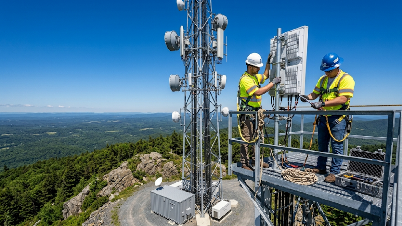 Worker in orange safety gear on a telecom tower, adjusting equipment against a blue sky.