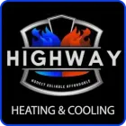 Highway Heating & Cooling logo with blue and orange flame over a house roof on black background