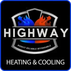 Highway Heating & Cooling logo with blue and orange flame over a house roof on black background
