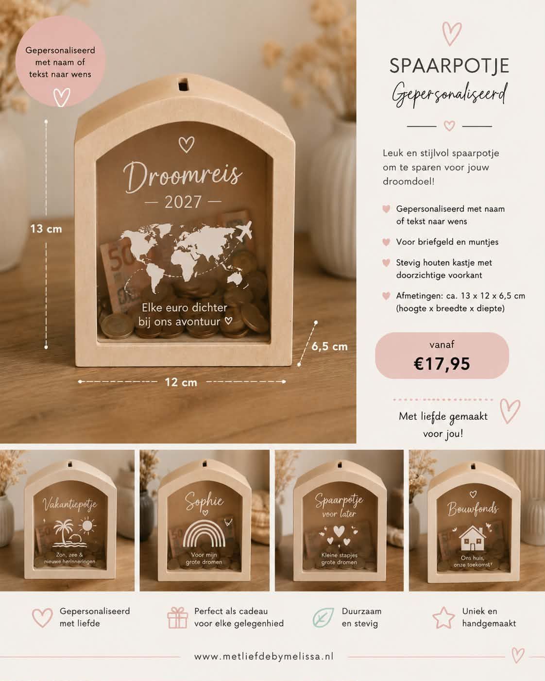 Een gepersonaliseerde houten bewaardoos op een tafelblad, met productdetails en prijs in zachte beigetinten.