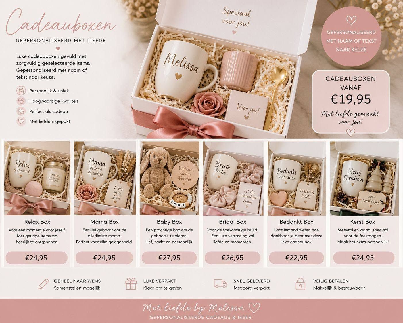 Pastelroze geschenkdoos met gepersonaliseerde mokken, kaarsen en prijskaartjes als huwelijksbedankjes.