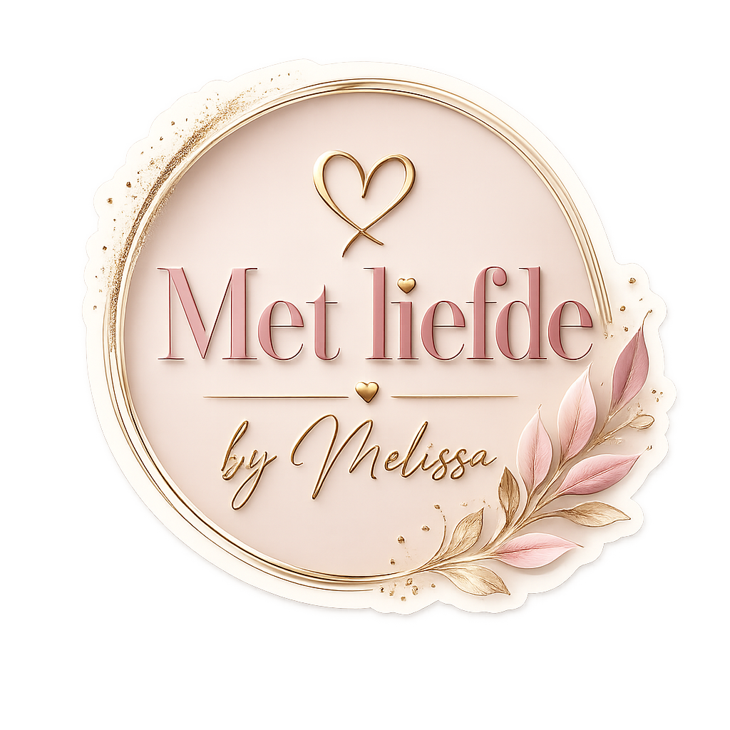 Zachtroze rond logo met gouden hartje, blaadjes en de tekst "Met liefde by Melissa".