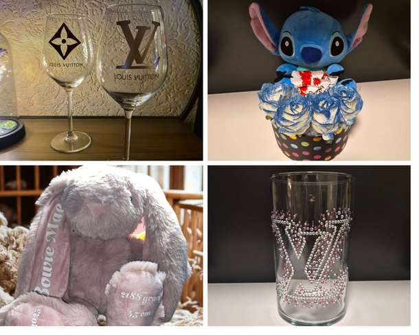 Vier op maat gemaakte glazen en een display met pluche speelgoed in een collage van 2x2.
