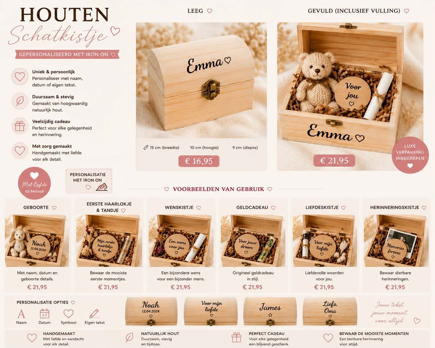 Houten bewaardozen met teddyberen en gepersonaliseerde namen op een zachtroze catalogusontwerp.