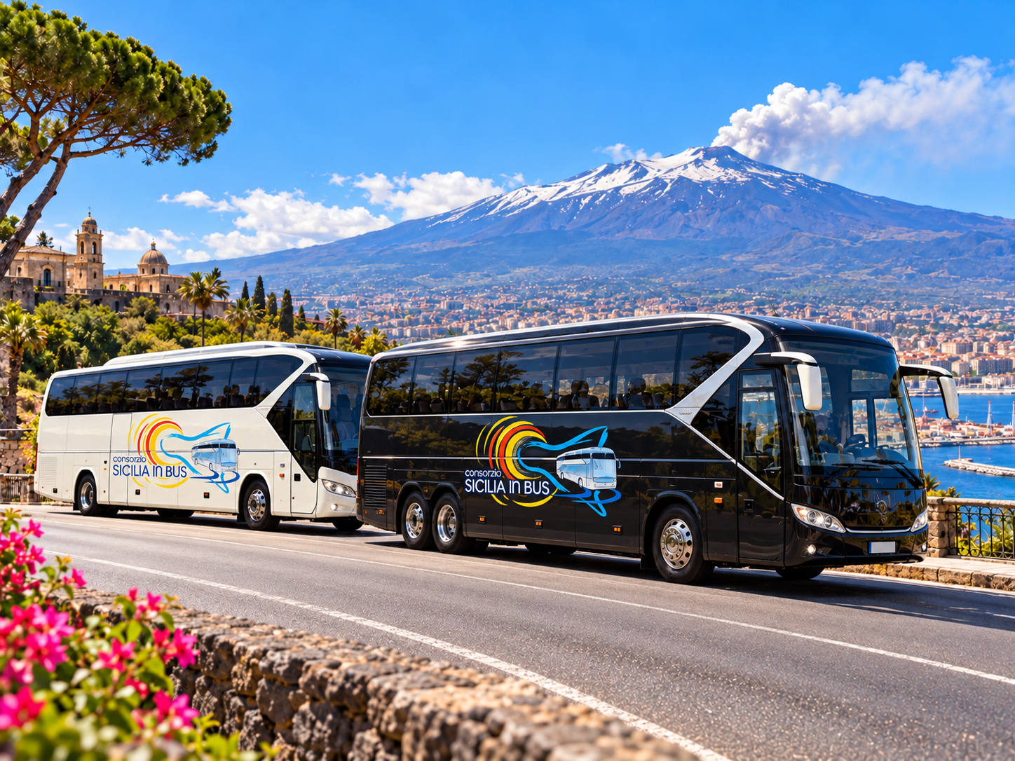Autobus turistico bianco parcheggiato accanto a un edificio storico soleggiato e a una piazza, sotto un cielo azzurro