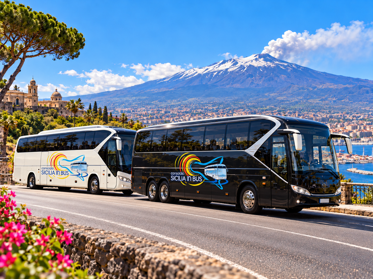 Autobus turistico bianco parcheggiato accanto a un edificio storico soleggiato e a una piazza, sotto un cielo azzurro