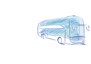 Schizzo blu di un autobus o pullman visto dal retro e di lato, su sfondo bianco