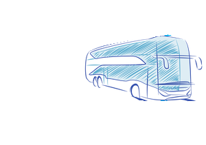 Schizzo blu di un autobus o pullman visto dal retro e di lato, su sfondo bianco