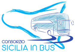 Logo per Consorzio Sicilia in Bus con un autobus stilizzato a linee blu e una grafica a onde fluide