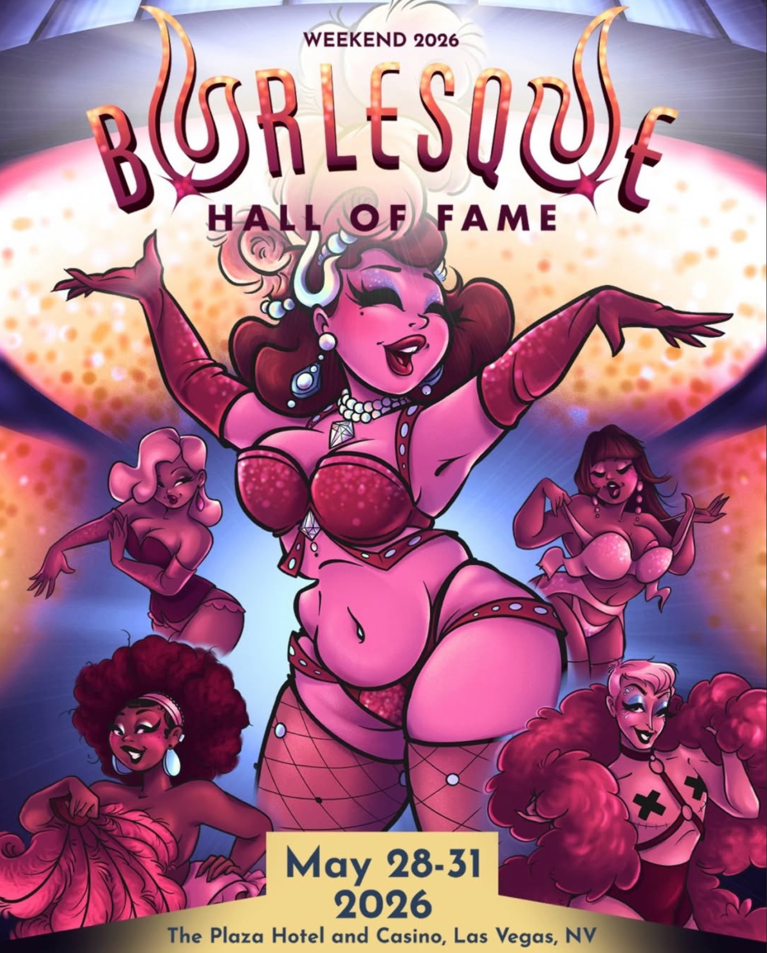 Poster for Burlesque Hall of Fame Weekend 2026 with a central performer and dancers in pink on a neon stage backdrop