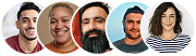 Five smiling headshots in circular frames on a white background | The Muffler Shop