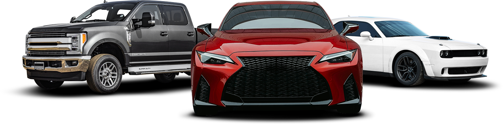 Three cars on white background, with a red sports car centered between a gray pickup and a white sedan. | The Muffler Shop