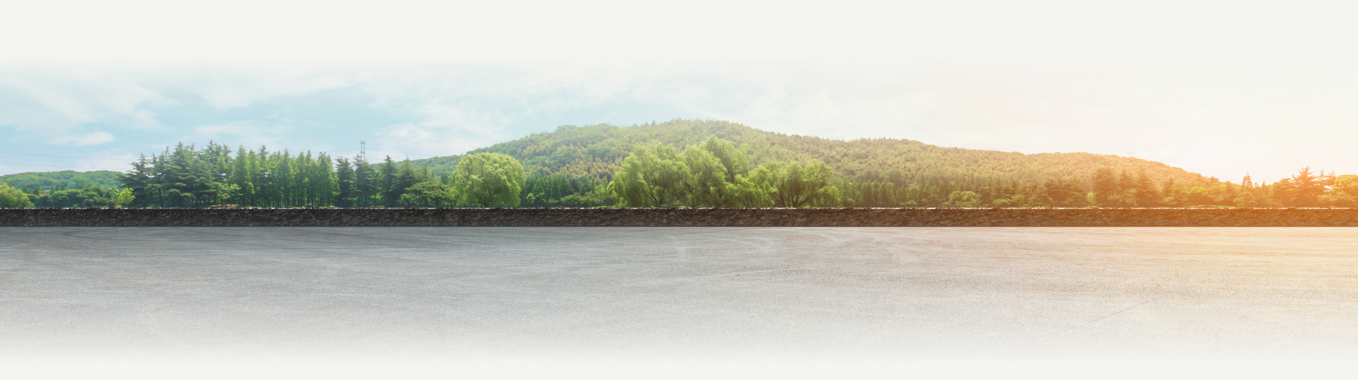 Green forested hills along a calm water horizon under a pale sky, with warm sunlight at the right edge | The Muffler Shop