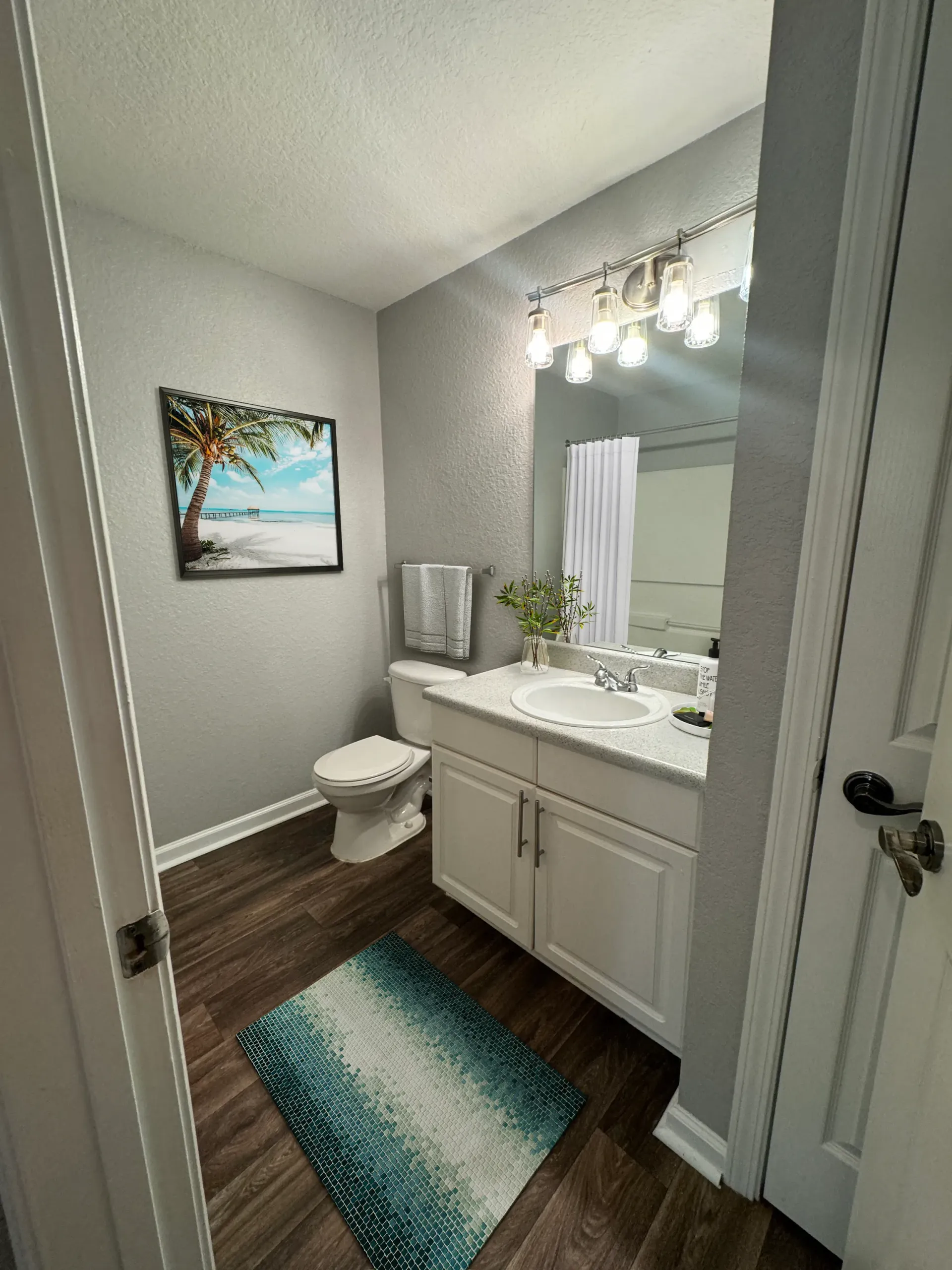 Bathroom vanity with sink, toilet, and a tropical beach print.