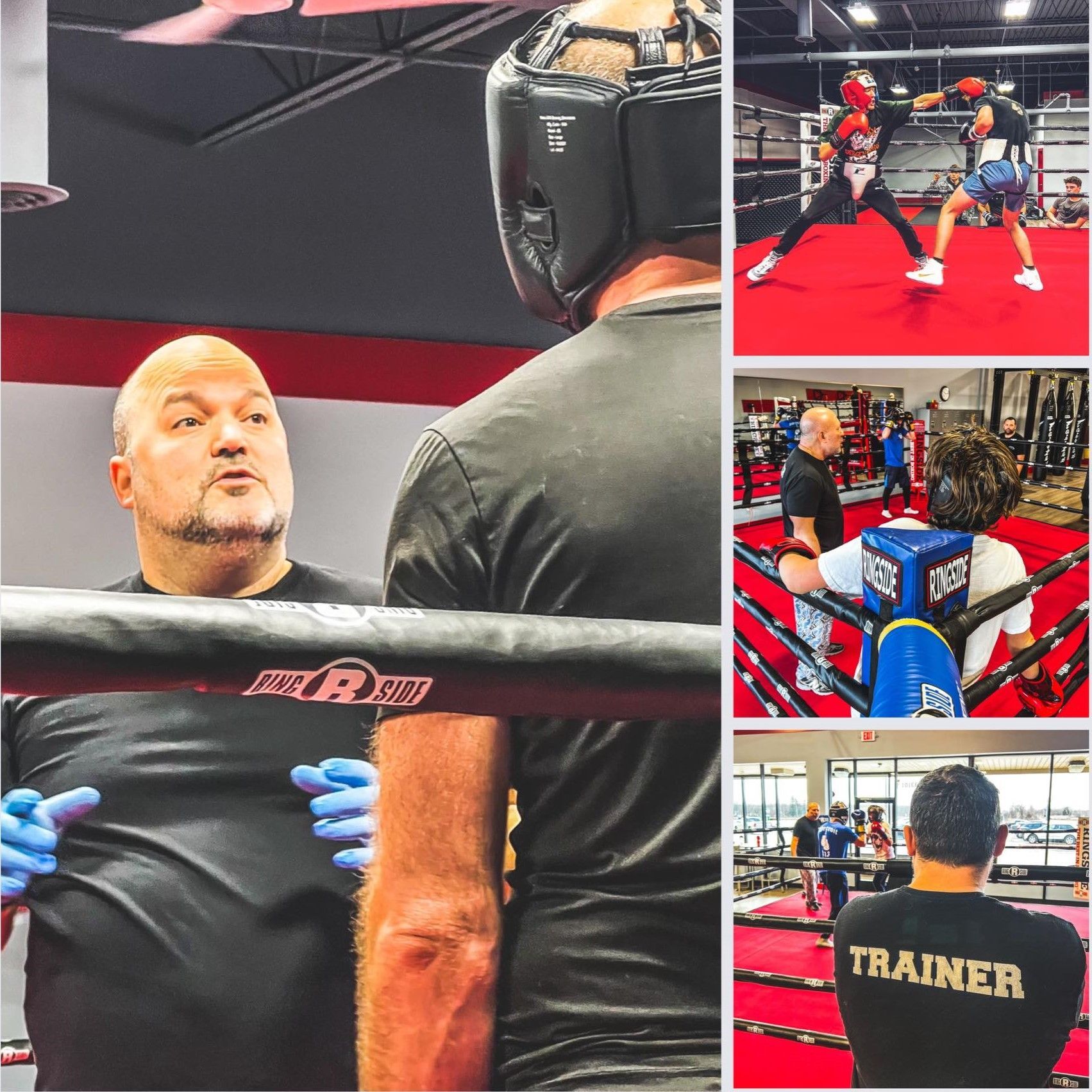 Multiple pictures of the boxers and trainers in and around the ring at champion boxing & fight club