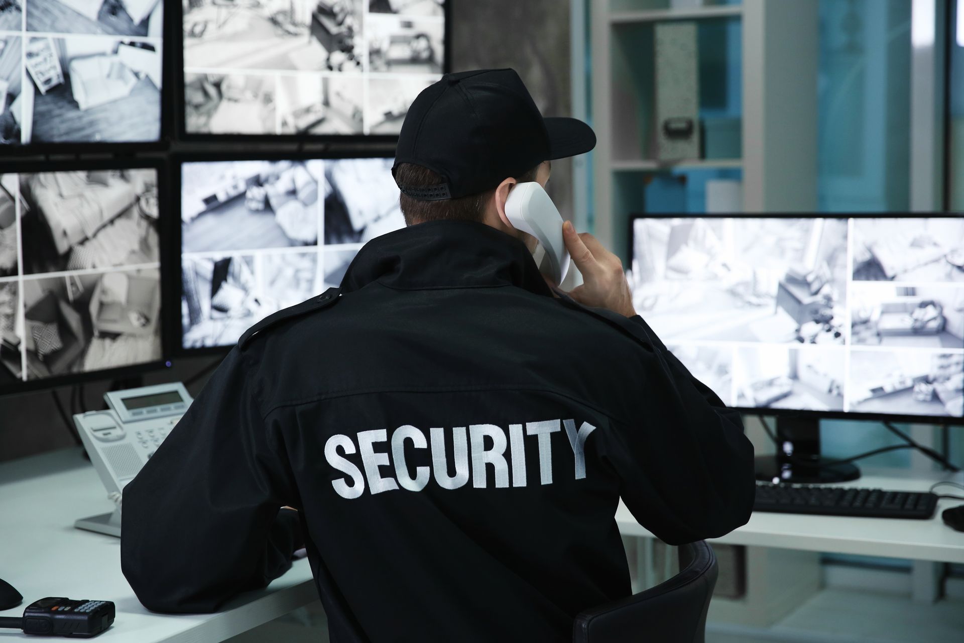 Security guard in uniform at a desk, monitors displaying surveillance footage. He's talking on a phone.