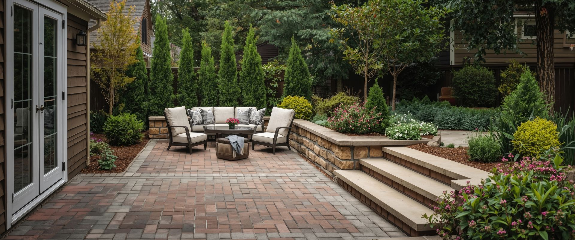 Outdoor patio with brick pavers, seating area, stone steps, and lush greenery. Outdoor patio with brick pavers, seating area, stone steps, and lush greenery.