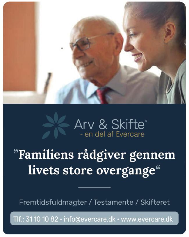 En annonce for arv & skifte viser en ældre mand og en yngre kvinde