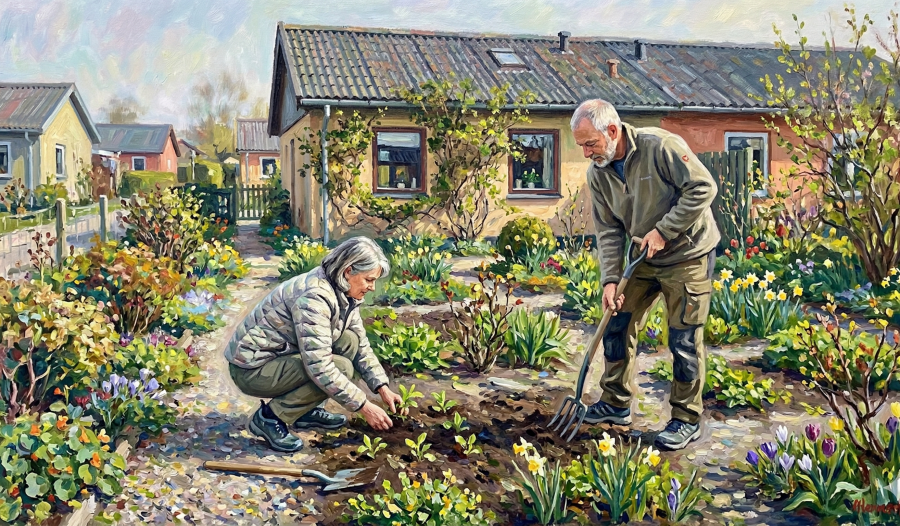 To seniorer er i haven og planter blomster til foråret