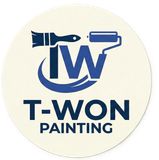 Logo for T-WON Painting with a paintbrush, roller, and the company name, on a cream background.