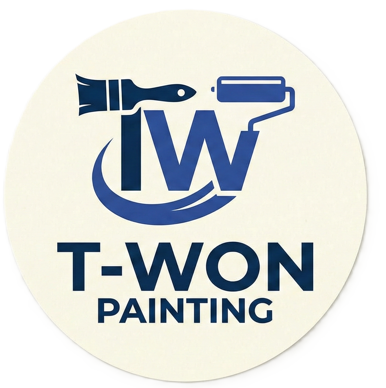 Logo for T-WON Painting with a paintbrush, roller, and the company name, on a cream background.
