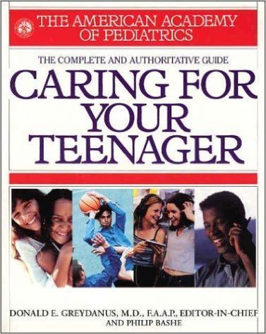 Book cover titled “Caring for Your Teenager” by the American Academy of Pediatrics, with photos of teens at the bottom