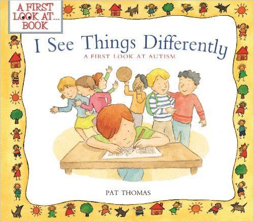 Book cover titled “I See Things Differently,” with children around a table, bordered by colorful drawings.