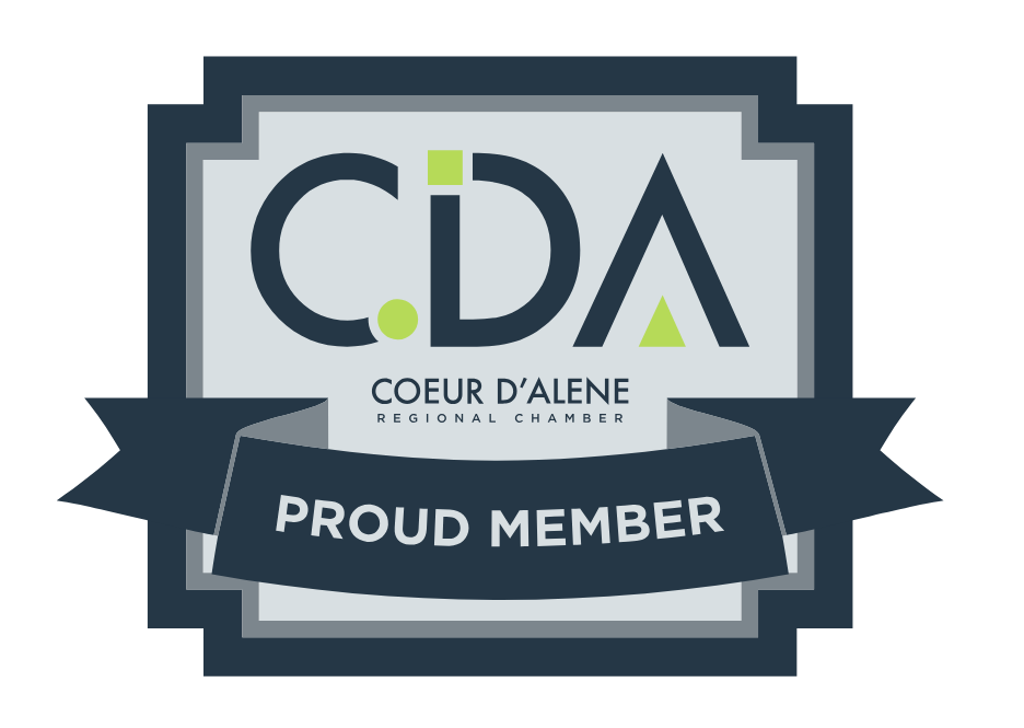 Coeur d’Alene CDA logo badge with “Proud Member” ribbon in gray, navy, and green