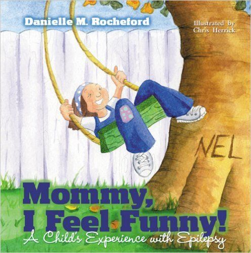 Child swings on a rope beside a tree and fence, with the book title “Mommy, I Feel Funny!” shown.