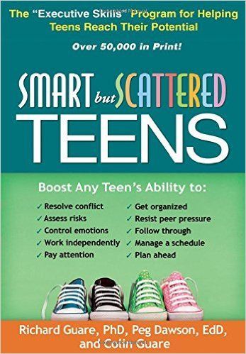 Book cover for “Smart but Scattered Teens” with teal background and checklist of teen executive skills