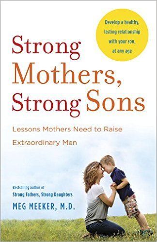 Book cover for Strong Mothers, Strong Sons with mother and son hugging on grass under a yellow speech bubble.