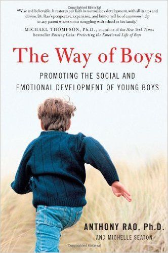 Book cover for “The Way of Boys” showing a child in a blue sweater running away outdoors